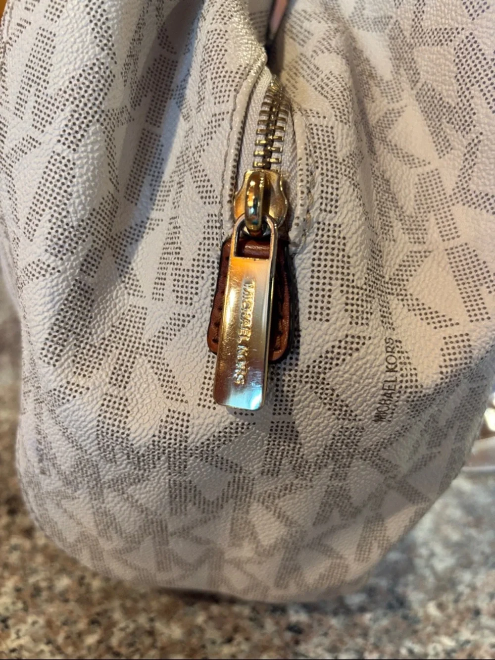Michael Kors Fulton Large Chain Shoulder Tote in a vanilla MK pattern with Brown - Picture 7 of 17